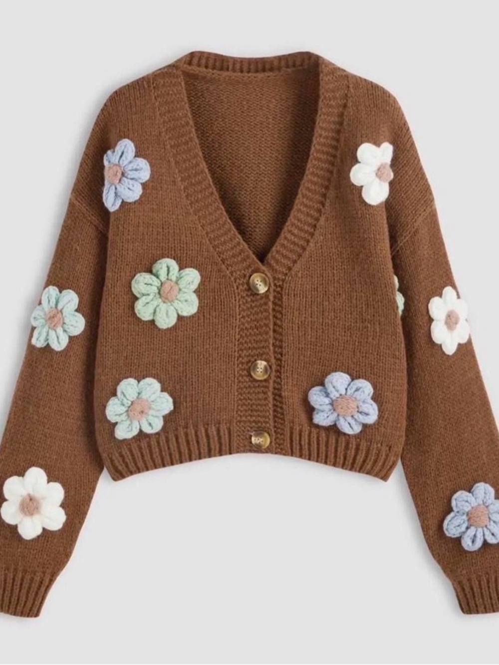 Cider Brown Floral-Appliqué V-Neck Button Cardigan